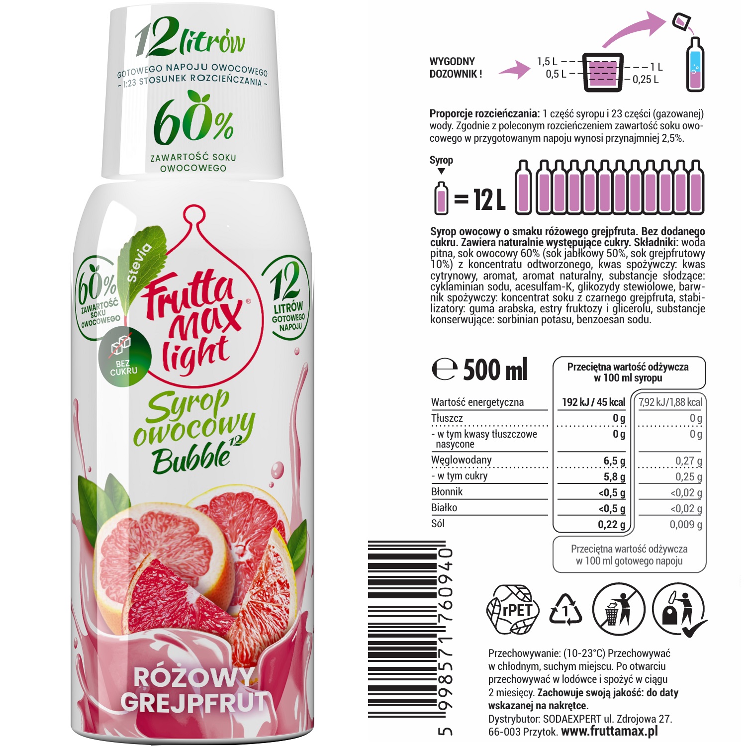 Syrop FruttaMax Różowy Grejpfrut Light - obrazek 2